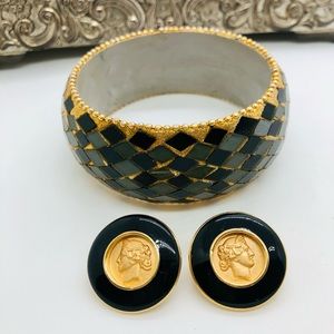 Vintage Mosaic Wide Bangle & MONET Greek Earrings